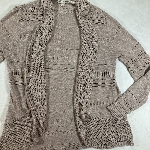 Knox Rose Cardigan SZ Large Open Front Crochet Eyelet Minimalist Bohemian Beige - Picture 4 of 13
